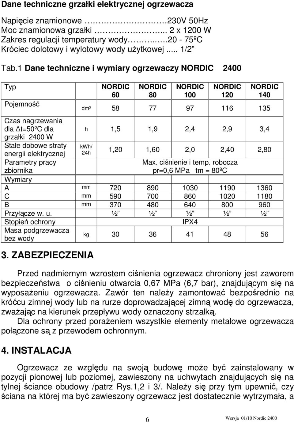 1 Dane techniczne i wymiary ogrzewaczy NORDIC 2400 Typ Pojemność Czas nagrzewania dla t=50ºc dla grzałki 2400 W Stałe dobowe straty energii elektrycznej Parametry pracy zbiornika NORDIC 60 NORDIC 80