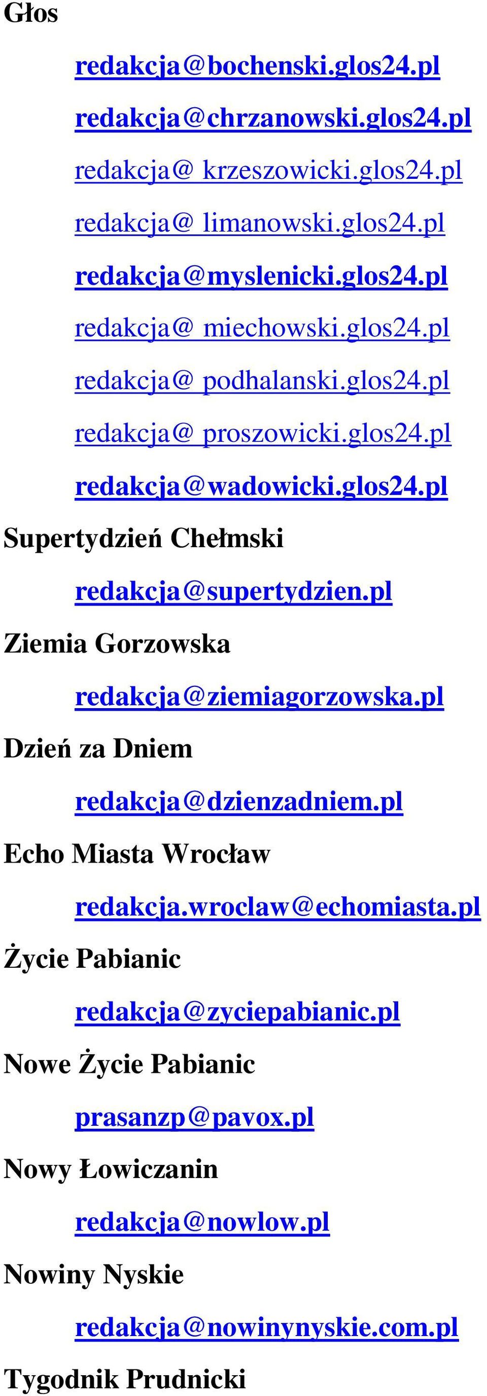 pl Ziemia Gorzowska redakcja@ziemiagorzowska.pl Dzień za Dniem redakcja@dzienzadniem.pl Echo Miasta Wrocław redakcja.wroclaw@echomiasta.