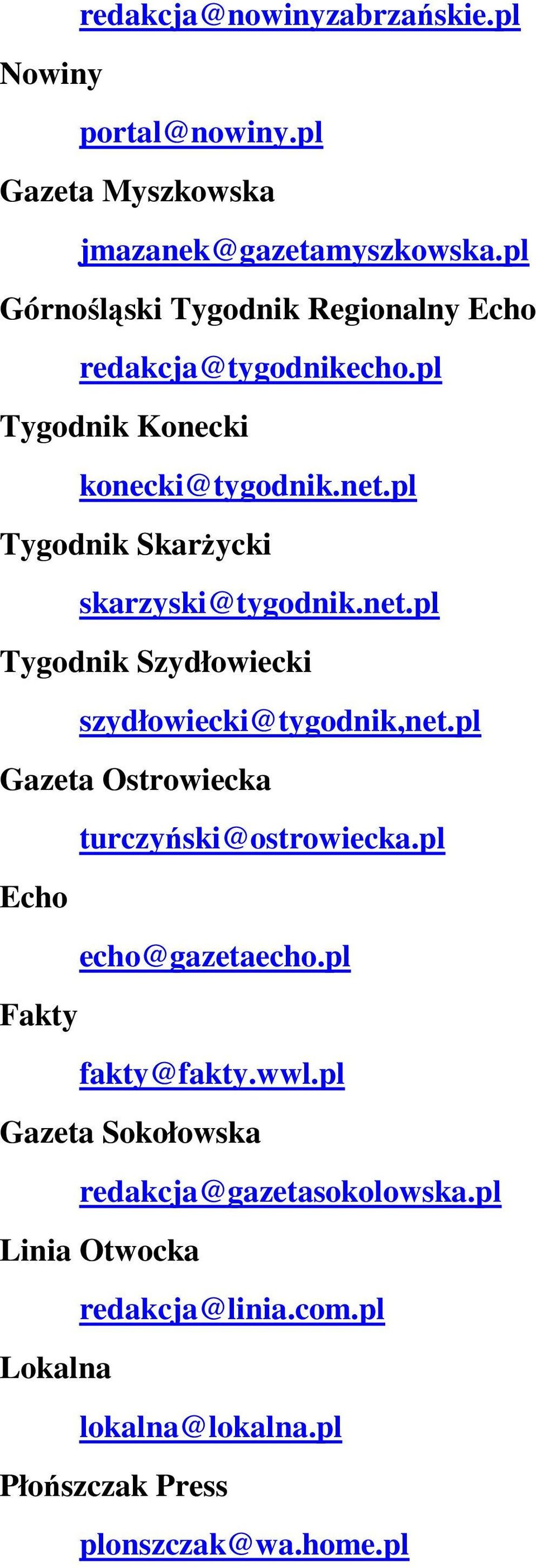 pl Tygodnik SkarŜycki skarzyski@tygodnik.net.pl Tygodnik Szydłowiecki szydłowiecki@tygodnik,net.