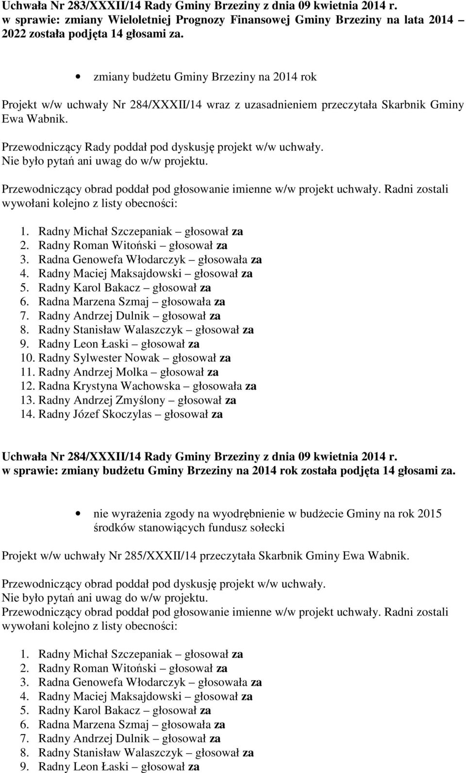 Przewodniczący obrad poddał pod głosowanie imienne w/w projekt uchwały. Radni zostali wywołani kolejno z listy obecności: 1. Radny Michał Szczepaniak głosował za 2. Radny Roman Witoński głosował za 3.