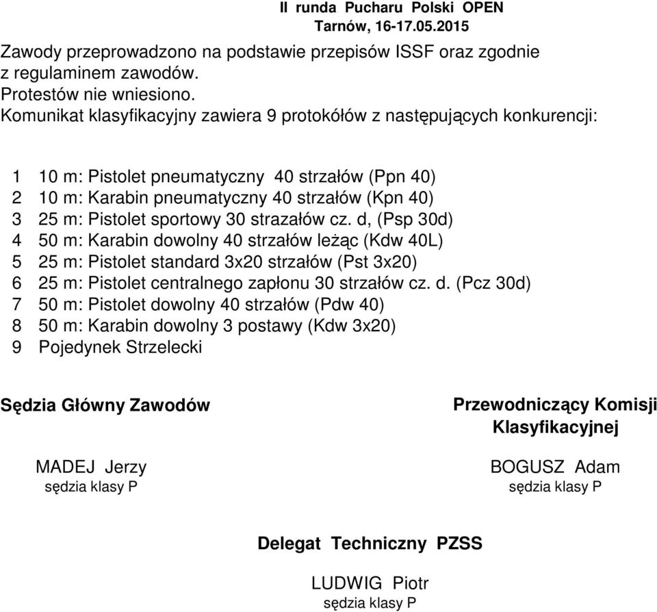 sportowy 30 strazałów cz. d, (Psp 30d) 4 50 m: Karabin dowolny 40 strzałów leżąc (Kdw 40L) 5 25 m: Pistolet standard 3x20 strzałów (Pst 3x20) 6 25 m: Pistolet centralnego zapłonu 30 strzałów cz.