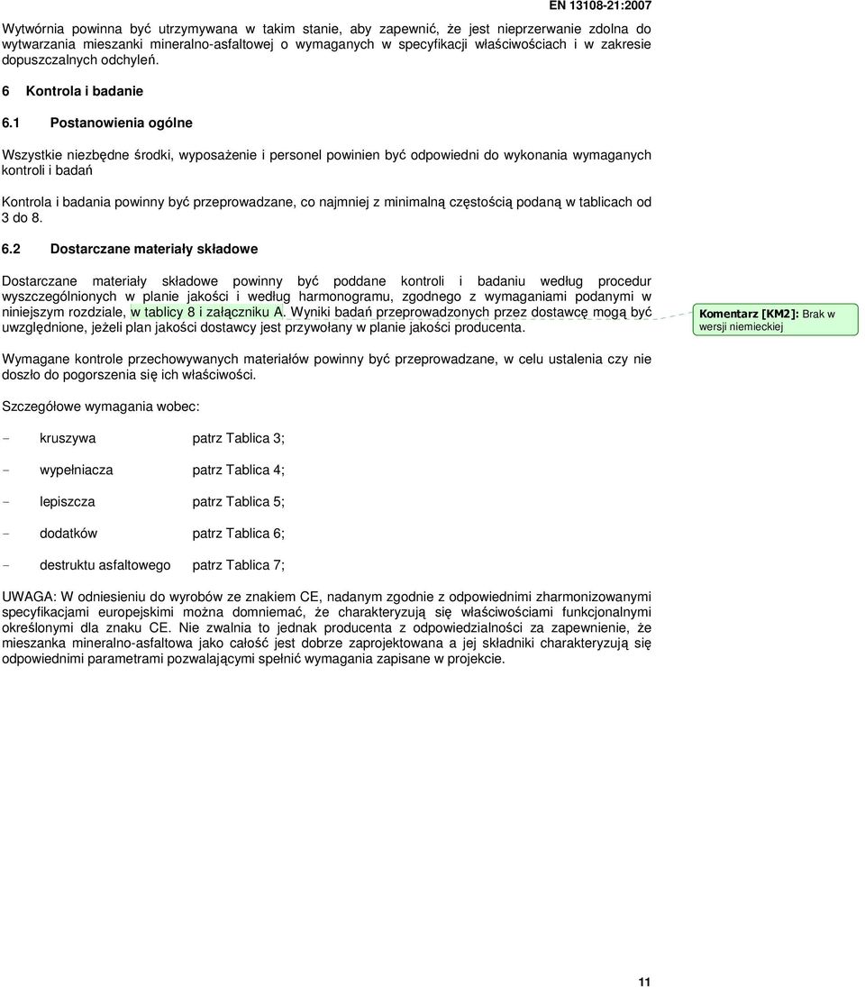 1 Postanowienia ogólne Wszystkie niezbędne środki, wyposaŝenie i personel powinien być odpowiedni do wykonania wymaganych kontroli i badań Kontrola i badania powinny być przeprowadzane, co najmniej z
