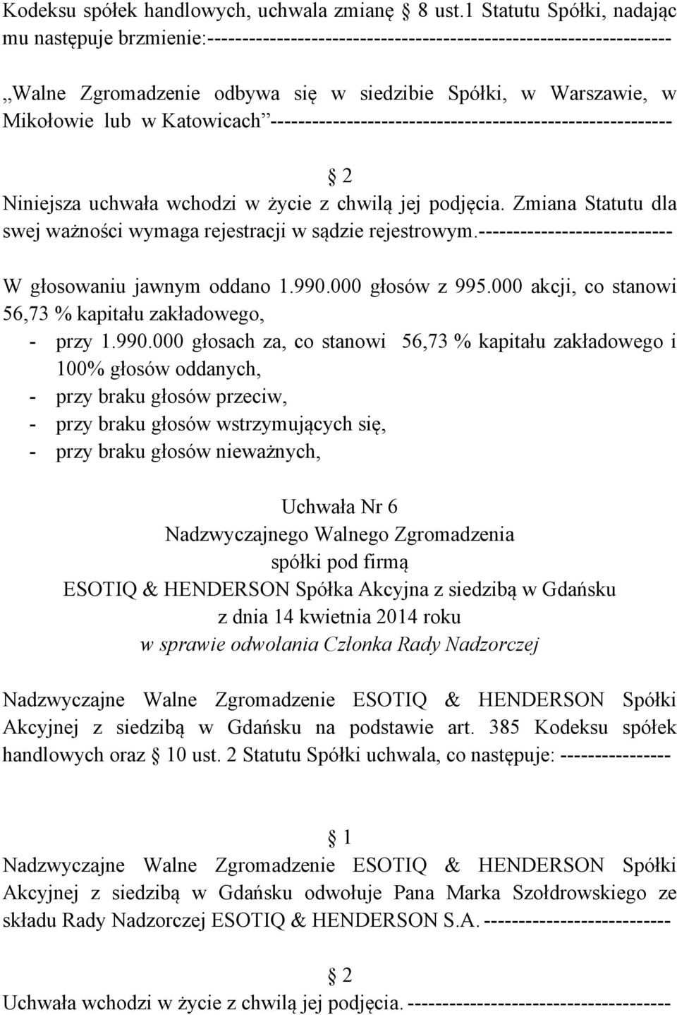 Zmiana Statutu dla swej ważności wymaga rejestracji w sądzie rejestrowym. W głosowaniu jawnym oddano 1.990.