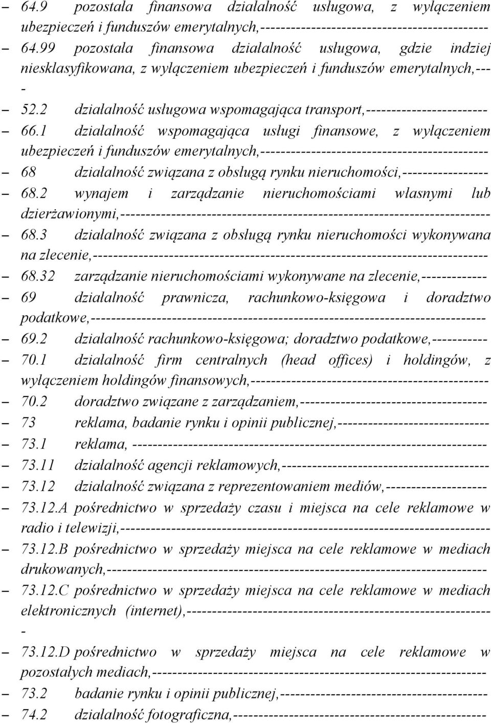 1 działalność wspomagająca usługi finansowe, z wyłączeniem ubezpieczeń i funduszów emerytalnych, 68 działalność związana z obsługą rynku nieruchomości, 68.