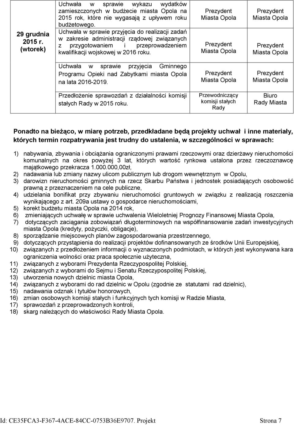 Uchwała w sprawie przyjęcia Gminnego Programu Opieki nad Zabytkami miasta Opola na lata 2016-2019. Przedłożenie sprawozdań z działalności komisji stałych Rady w 2015 roku.
