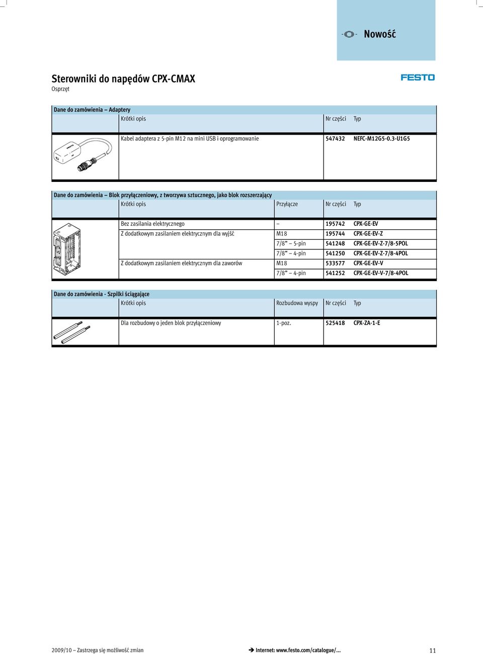 elektrycznym y dla wyjść M18 195744 CPX-GE-EV-Z 7/8 5-pin 541248 CPX-GE-EV-Z-7/8-5POL 7/8 4-pin 541250 CPX-GE-EV-Z-7/8-4POL Z dodatkowym zasilaniem elektrycznym y dla zaworów M18 533577 CPX-GE-EV-V