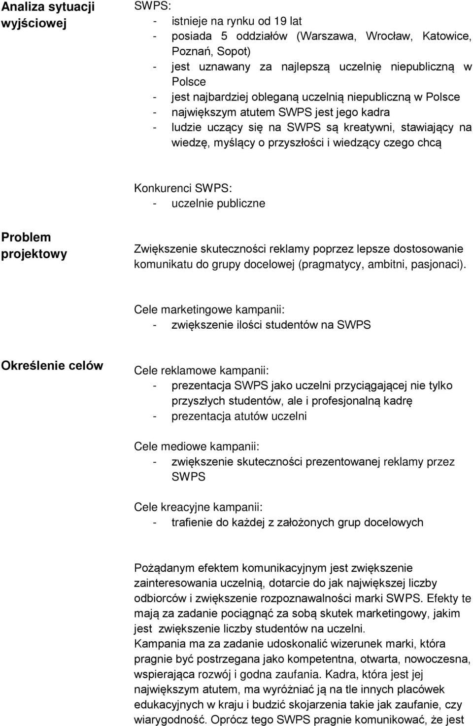 chcą Konkurenci SWPS: - uczelnie publiczne Problem projektowy Zwiększenie skuteczności reklamy poprzez lepsze dostosowanie komunikatu do grupy docelowej (pragmatycy, ambitni, pasjonaci).