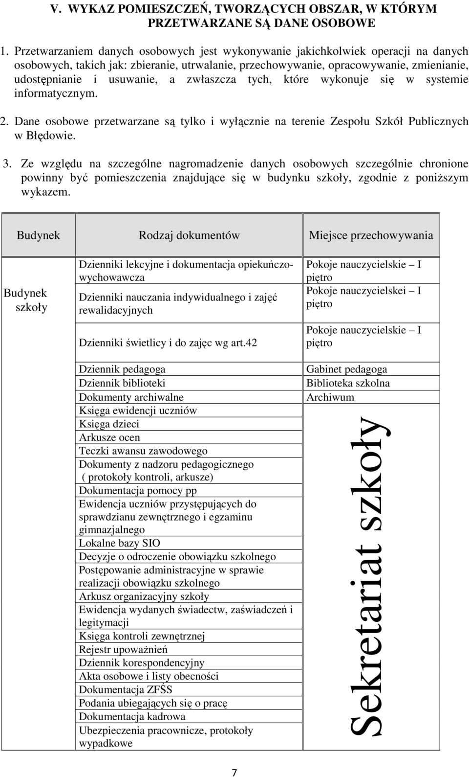 zwłaszcza tych, które wykonuje się w systemie informatycznym. 2. Dane osobowe przetwarzane są tylko i wyłącznie na terenie Zespołu Szkół Publicznych w Błędowie. 3.