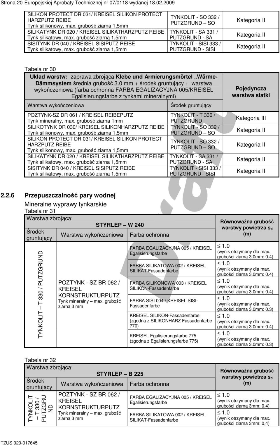 grubość ziarna 1,5mm PUTZGRUND SO TYNKOLIT - SA 331 / PUTZGRUND - SA TYNKOLIT - SISI 333 / PUTZGRUND - SISI Tabela nr 30 Układ arst: zapraa zbrojąca Klebe und Armierungsmörtel Wärme- Dämmsystem