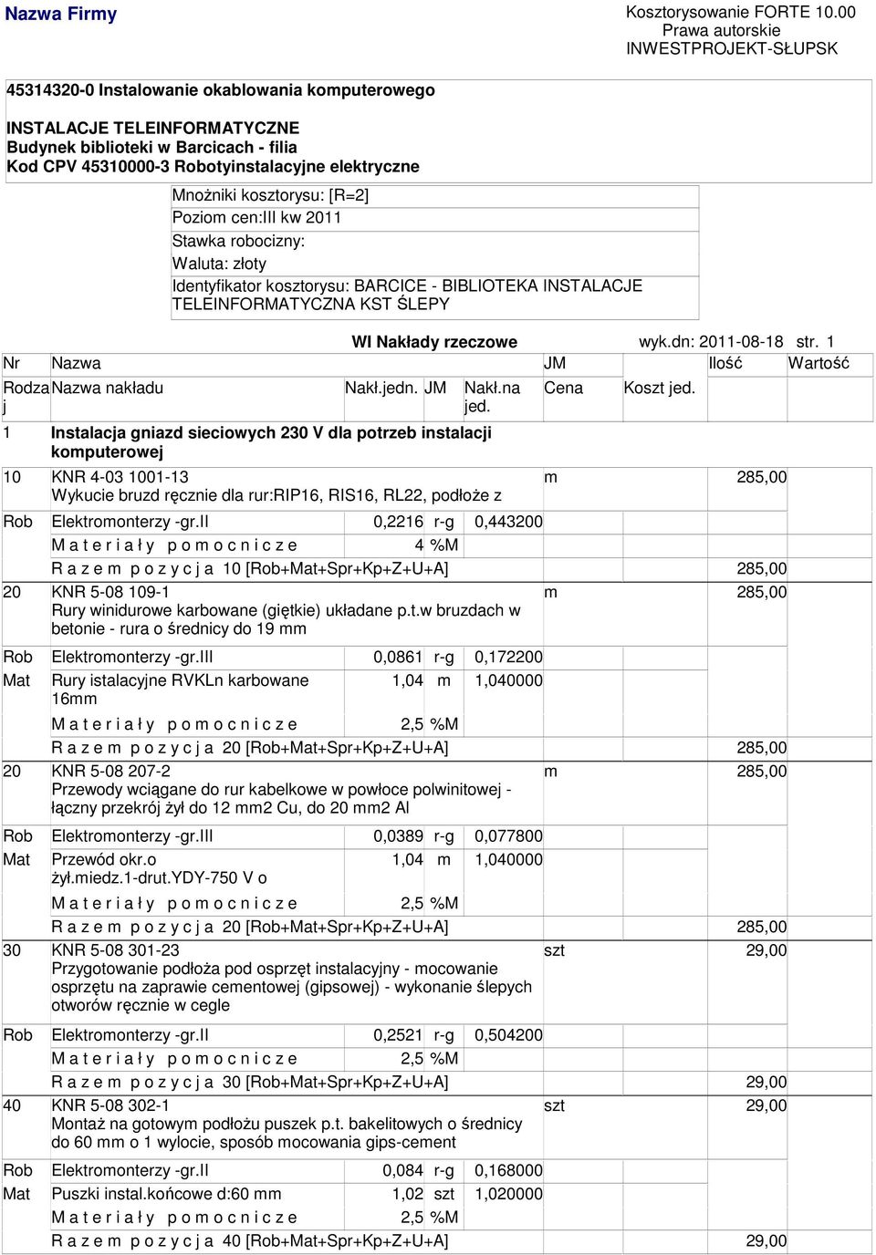 BIBLIOTEKA INSTALACJE TELEINFORMATYCZNA KST ŚLEPY WI Nakłady rzeczowe wyk.dn: 2011-08-18 str.