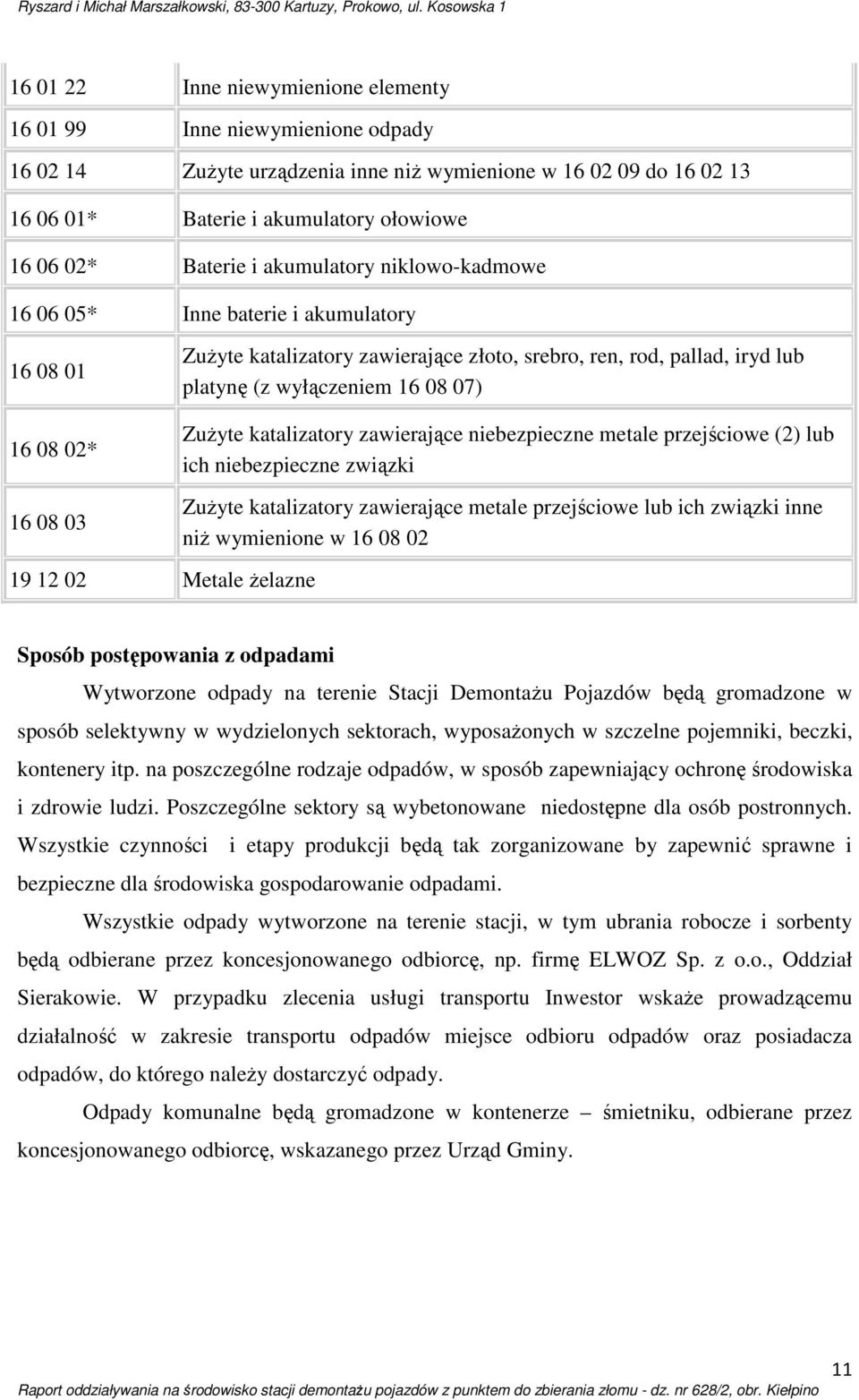 02* 16 08 03 19 12 02 Metale żelazne Zużyte katalizatory zawierające niebezpieczne metale przejściowe (2) lub ich niebezpieczne związki Zużyte katalizatory zawierające metale przejściowe lub ich