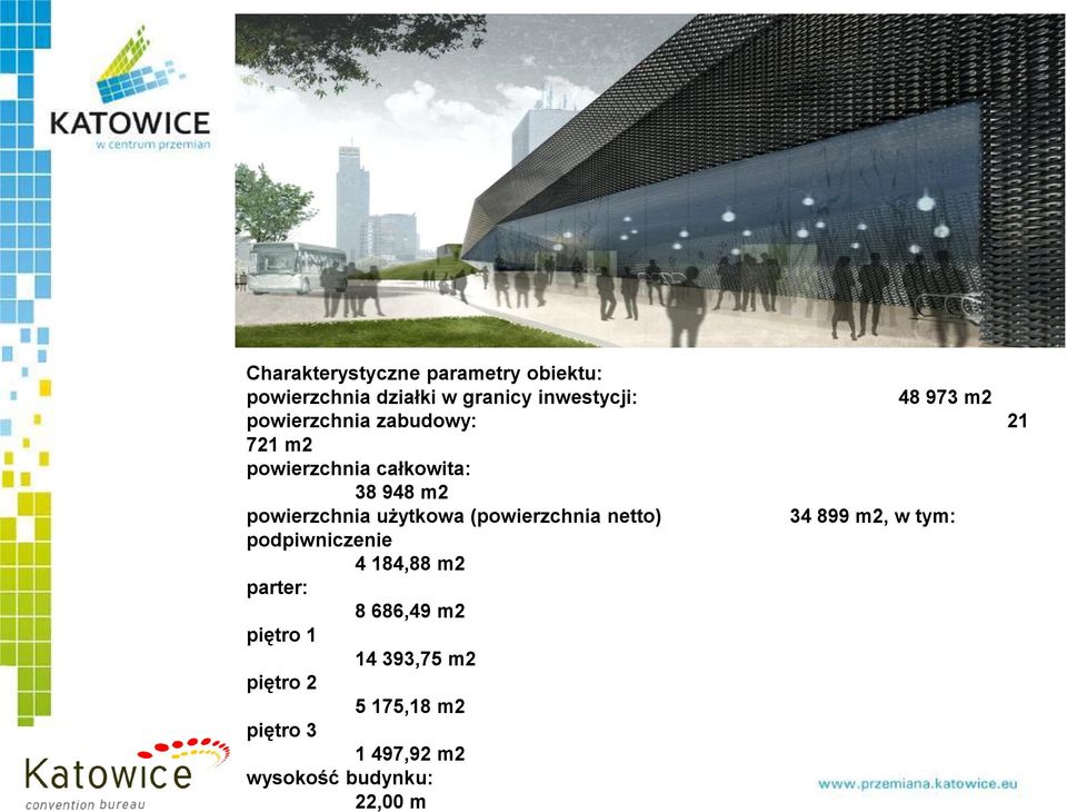 powierzchnia użytkowa (powierzchnia netto) 34 899 m2, w tym: podpiwniczenie 4 184,88 m2