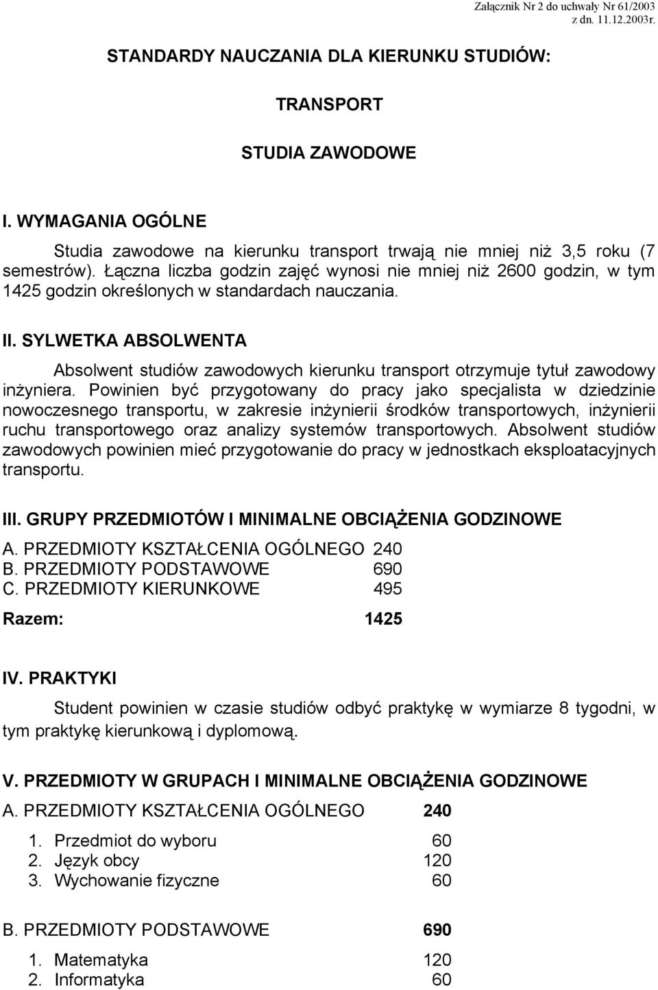 Łączna liczba godzin zajęć wynosi nie mniej niż 2600 godzin, w tym 1425 godzin określonych w standardach nauczania. II.