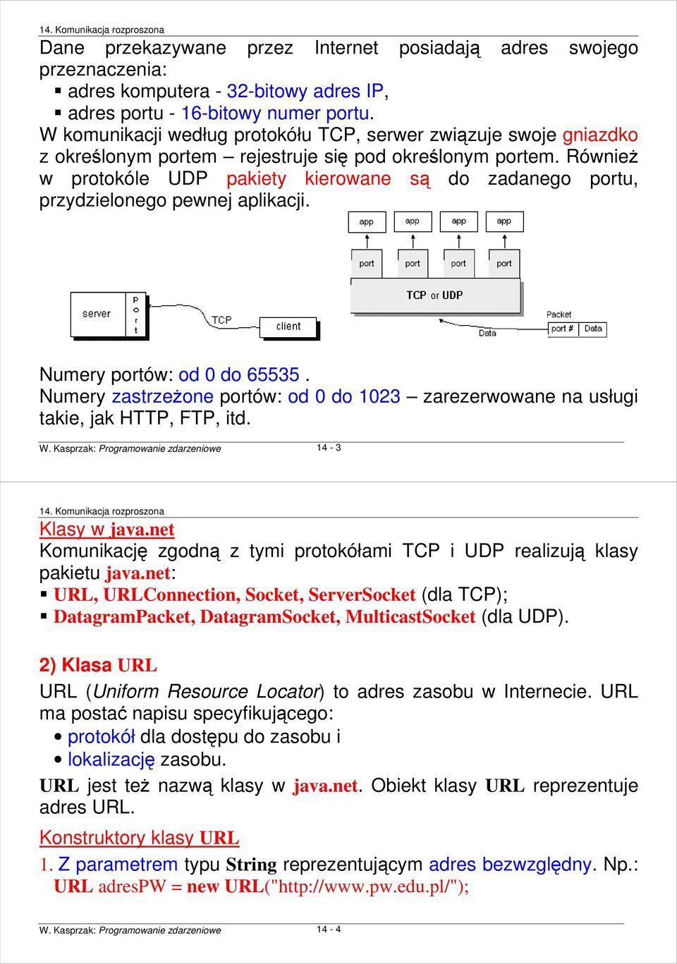 RównieŜ w protokóle UDP pakiety kierowane są do zadanego portu, przydzielonego pewnej aplikacji. Numery portów: od 0 do 65535.