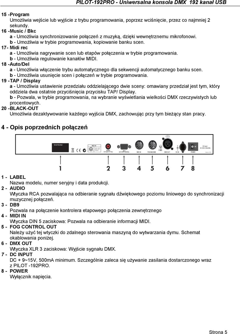 17- Midi rec a - Umożliwia nagrywanie scen lub etapów połączenia w trybie programowania. b - Umożliwia regulowanie kanałów MIDI.