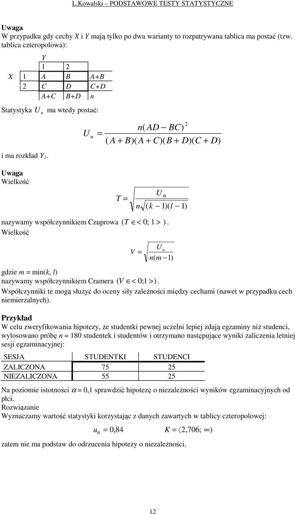 Welkość V = U m gdze m = mk, l azywamy współczykem Cramera V < ; >. Współczyk te mogą służyć do ocey sły zależośc mędzy cecham awet w przypadku cech emerzalych.