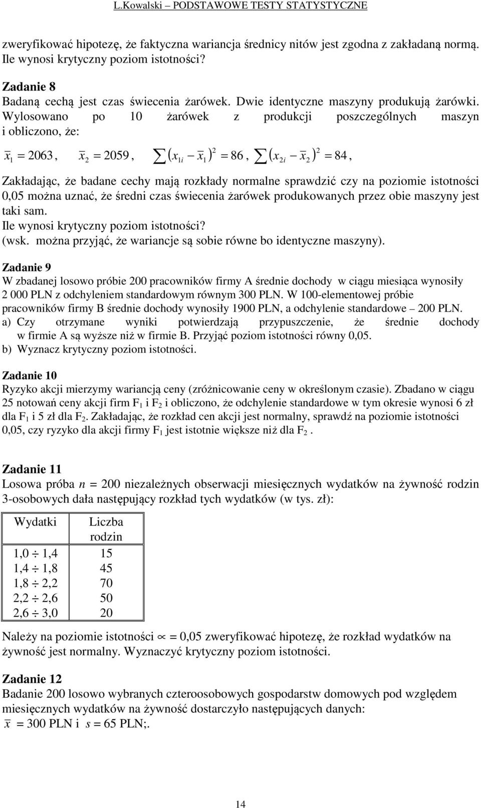 Wylosowao po żarówek z produkcj poszczególych maszy oblczoo, że: x = 63, = 59 x = x x =, x, x 86, 84 Zakładając, że badae cechy mają rozkłady ormale sprawdzć czy a pozome stotośc,5 moża uzać, że śred