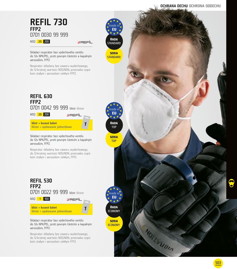 REFIL 630 070 0042 99 999 blistr blister made in EU 20 200 blistr = kusové balení blister = opakowanie jednostkowe Skládací respirátor bez výdechového ventilu do 2x NPK/PEL, proti pevným částicím a