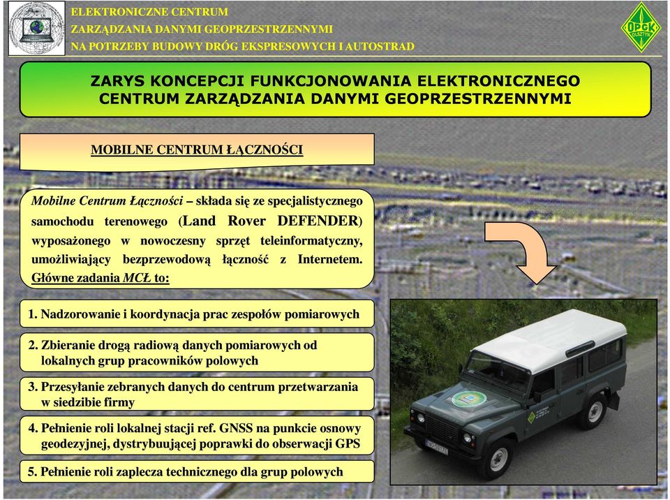 Zbieranie drogą radiową danych pomiarowych od lokalnych grup pracowników polowych Internetem. 1. Nadzorowanie i koordynacja prac zespołów pomiarowych 3.