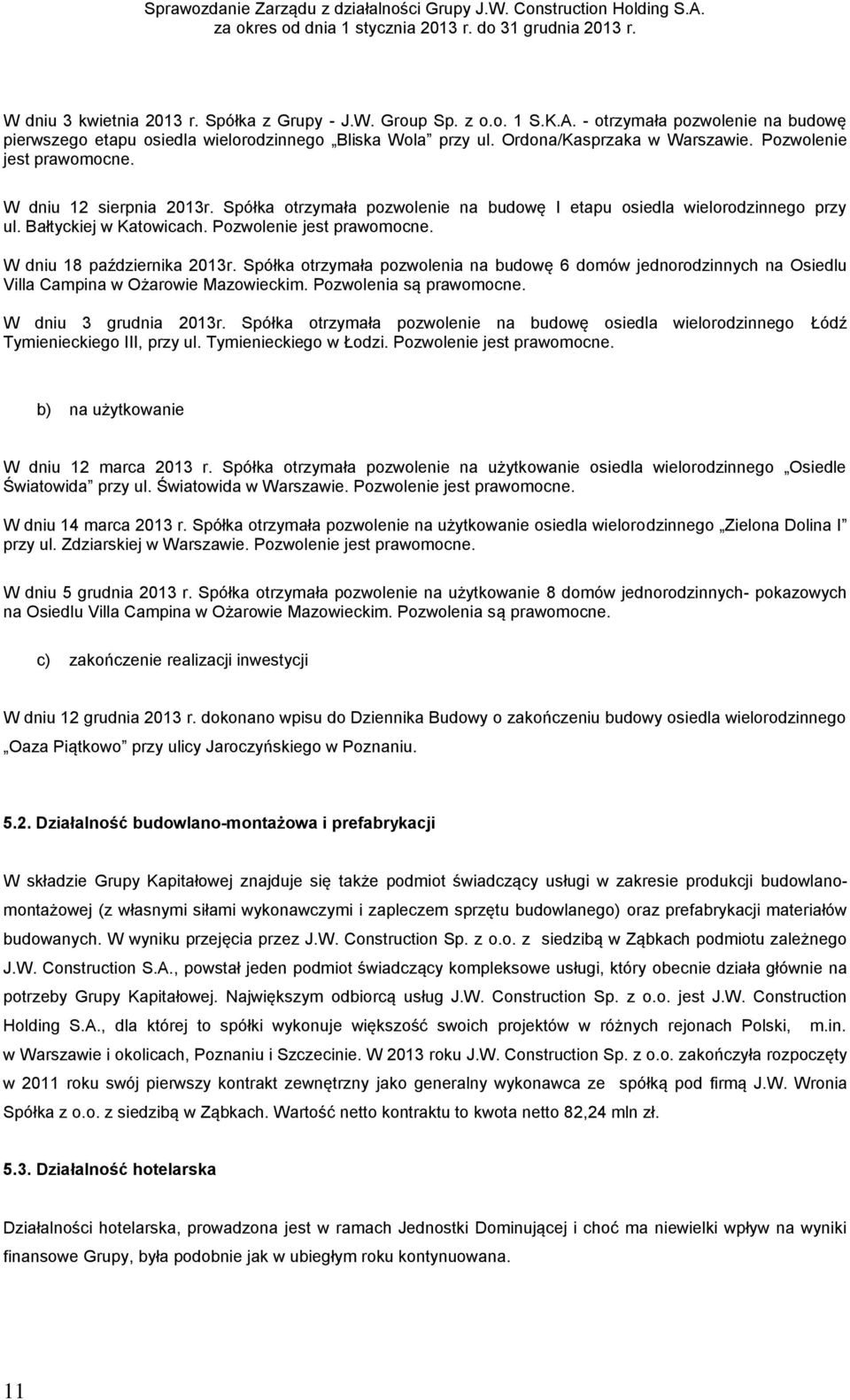 W dniu 18 października 2013r. Spółka otrzymała pozwolenia na budowę 6 domów jednorodzinnych na Osiedlu Villa Campina w Ożarowie Mazowieckim. Pozwolenia są prawomocne. W dniu 3 grudnia 2013r.