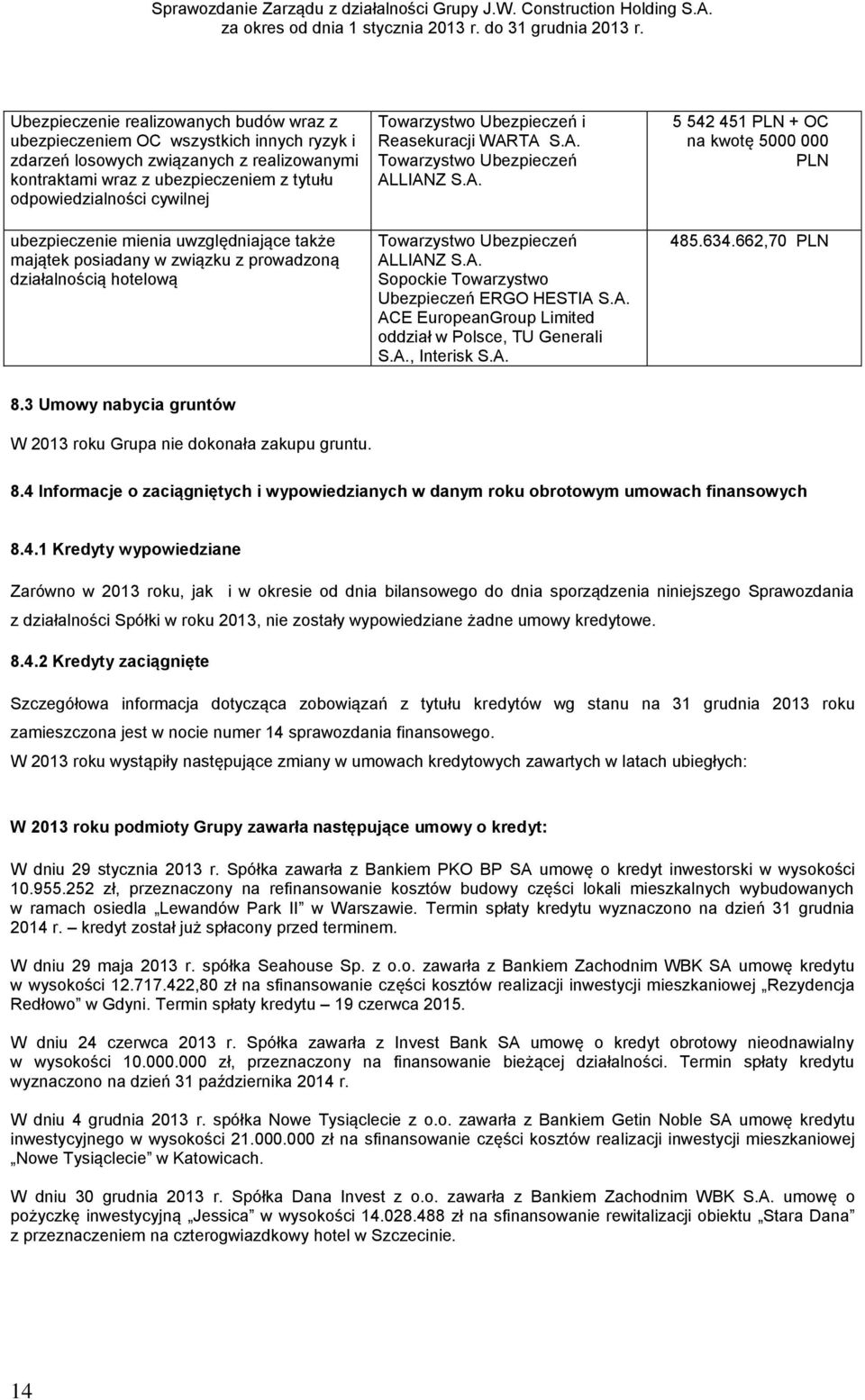 A. ACE EuropeanGroup Limited oddział w Polsce, TU Generali S.A., Interisk S.A. 5 542 451 PLN + OC na kwotę 5000 000 PLN 485.634.662,70 PLN 8.