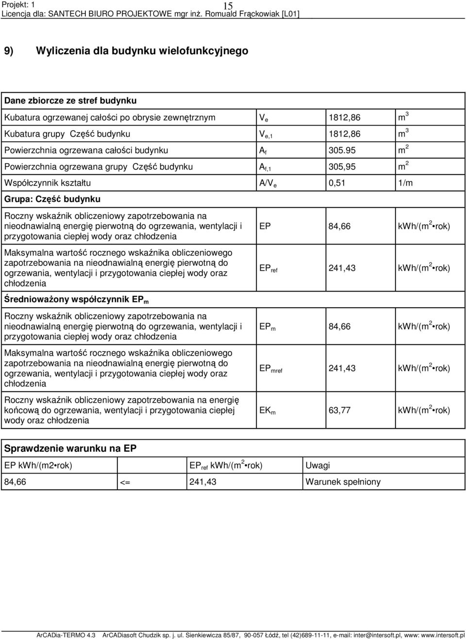 95 m 2 Powierzchnia ogrzewana grupy Część budynku A f,1 305,95 m 2 Współczynnik kształtu A/V e 0,51 1/m Grupa: Część budynku Roczny wskaźnik obliczeniowy zapotrzebowania na nieodnawialną energię