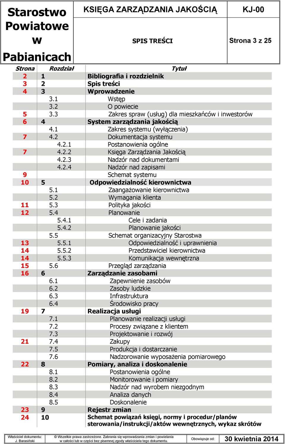 2.3 Nadzór nad dokumentami 4.2.4 Nadzór nad zapisami 9 Schemat systemu 10 5 Odpoiedzialność kieronicta 5.1 Zaangażoanie kieronicta 5.2 Wymagania klienta 11 5.3 Polityka jakości 12 5.4 Planoanie 5.4.1 Cele i zadania 5.