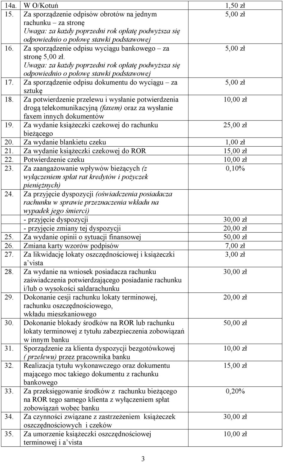 Za sporządzenie odpisu dokumentu do wyciągu za sztukę 18. Za potwierdzenie przelewu i wysłanie potwierdzenia 1 drogą telekomunikacyjną (faxem) oraz za wysłanie faxem innych dokumentów 19.