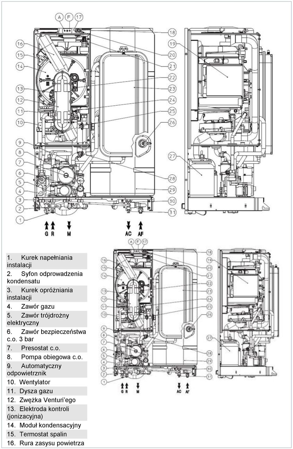 Pompa obiegowa c.o. 9. Automatyczny odpowietrznik 10. Wentylator 11. Dysza gazu 12.