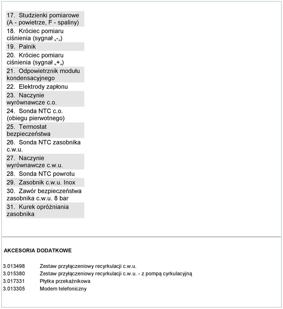 Sonda NTC zasobnika c.w.u. 27. Naczynie wyrównawcze c.w.u. 28. Sonda NTC powrotu 29. Zasobnik c.w.u. Inox 30. Zawór bezpieczeństwa zasobnika c.w.u. 8 bar 31.