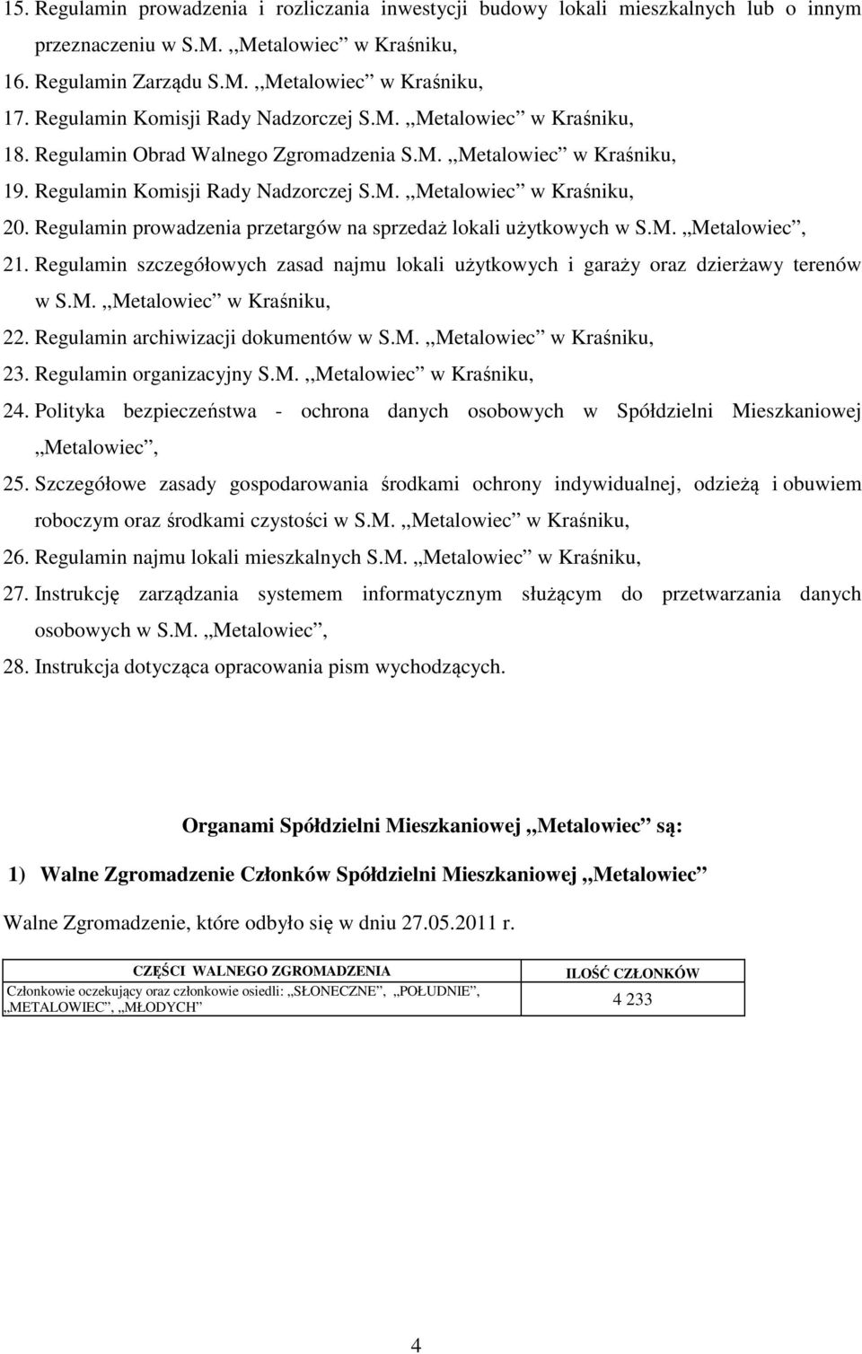 Regulamin prowadzenia przetargów na sprzedaż lokali użytkowych w S.M. Metalowiec, 21. Regulamin szczegółowych zasad najmu lokali użytkowych i garaży oraz dzierżawy terenów w S.M.,,Metalowiec w Kraśniku, 22.