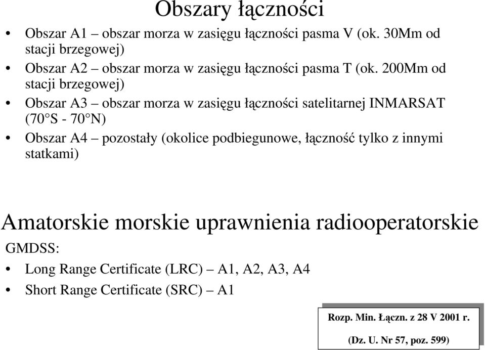 200Mm od stacji brzegowej) Obszar A3 obszar morza w zasięgu łączności satelitarnej INMARSAT (70 S - 70 N) Obszar A4 pozostały (okolice