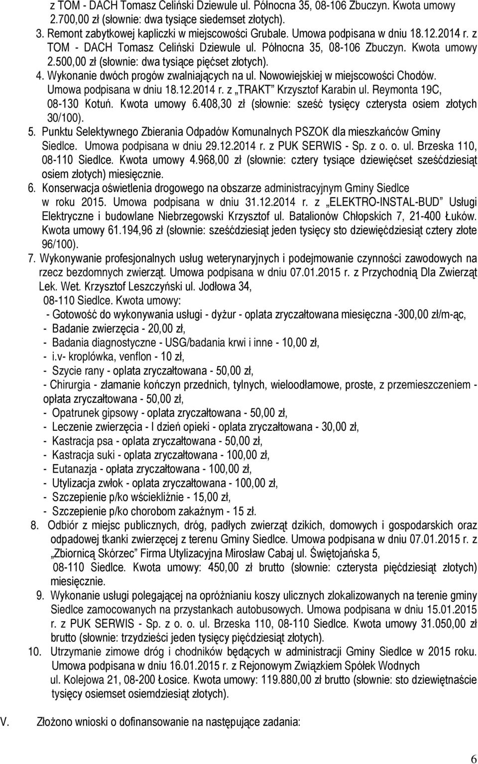 Wykonanie dwóch progów zwalniających na ul. Nowowiejskiej w miejscowości Chodów. Umowa podpisana w dniu 18.12.2014 r. z TRAKT Krzysztof Karabin ul. Reymonta 19C, 08-130 Kotuń. Kwota umowy 6.