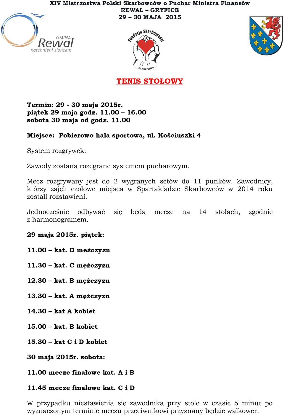 Jednocześnie odbywać się będą mecze na 14 stołach, zgodnie z harmonogramem. 29 maja 2015r. piątek: 11.00 kat. D mężczyzn 11.30 kat. C mężczyzn 12.30 kat. B mężczyzn 13.30 kat. A mężczyzn 14.