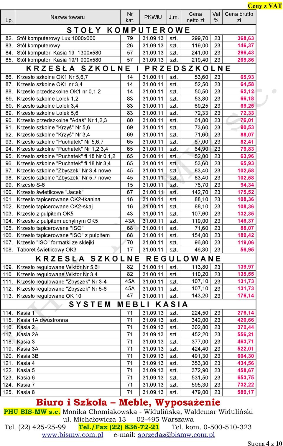 53,60 23 65,93 87. Krzesło szkolne OK1 nr 3,4 14 31.00.11 szt. 52,50 23 64,58 88. Krzesło przedszkolne OK1 nr 0,1,2 14 31.00.11 szt. 50,50 23 62,12 89. Krzesło szkolne Lolek 1,2 83 31.00.11 szt. 53,80 23 66,18 89.