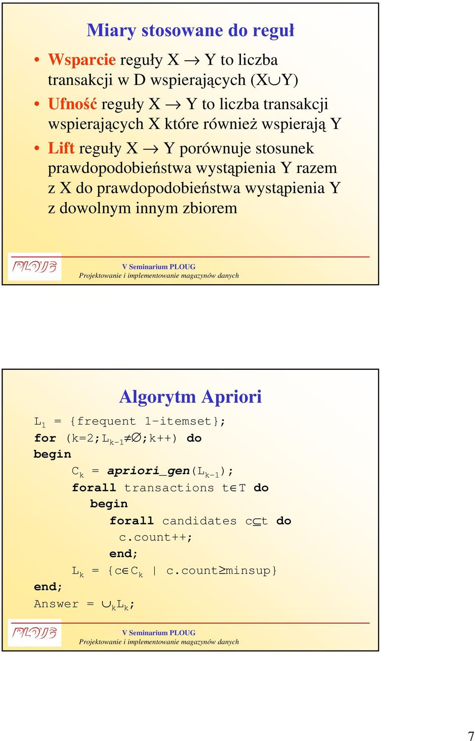 prawdopodobiestwa wystpienia Y z dowolnym innym zbiorem Algorytm Apriori L = {frequent -itemset}; for (k=2;l k- ;k++) do begin C k