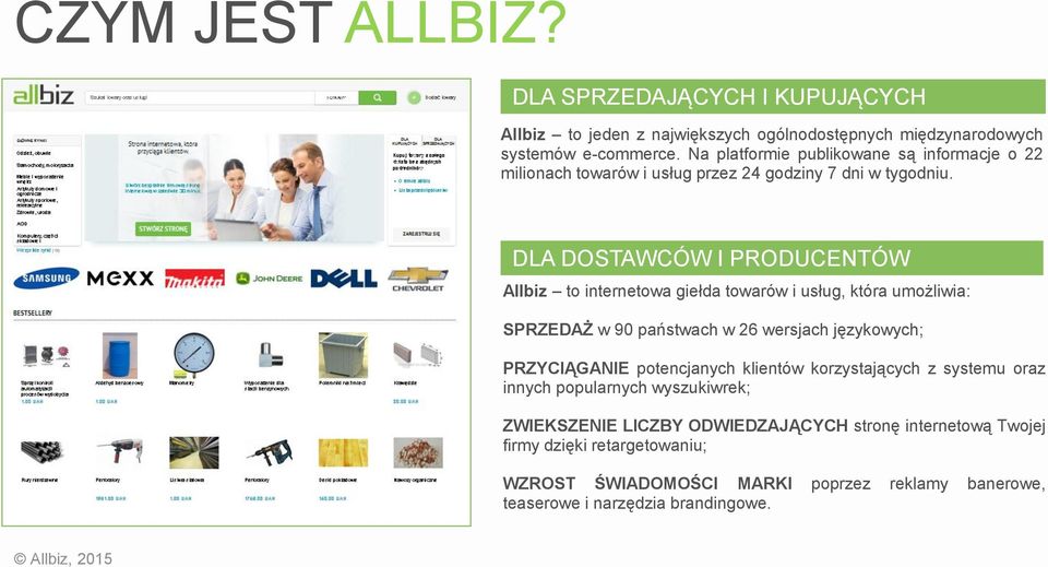 DLA DOSTAWCÓW I PRODUCENTÓW Allbiz to internetowa giełda towarów i usług, która umożliwia: SPRZEDAŻ w 90 państwach w 26 wersjach językowych; PRZYCIĄGANIE