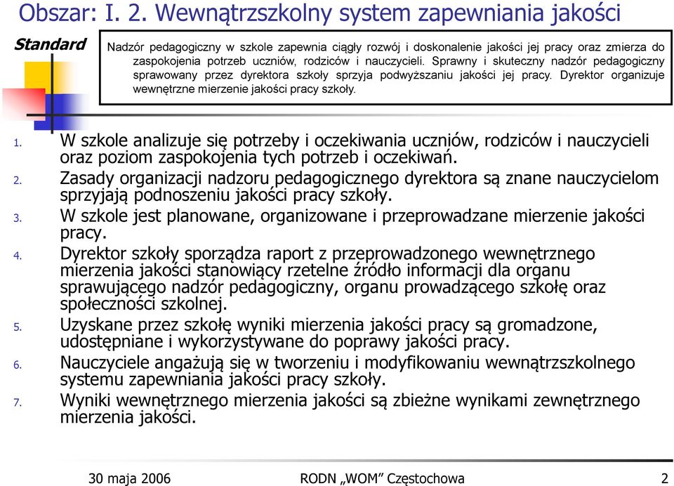 nauczycieli. Sprawny i skuteczny nadzór pedagogiczny sprawowany przez dyrektora szkoły sprzyja podwyższaniu jakości jej pracy. Dyrektor organizuje wewnętrzne mierzenie jakości pracy szkoły. 1.