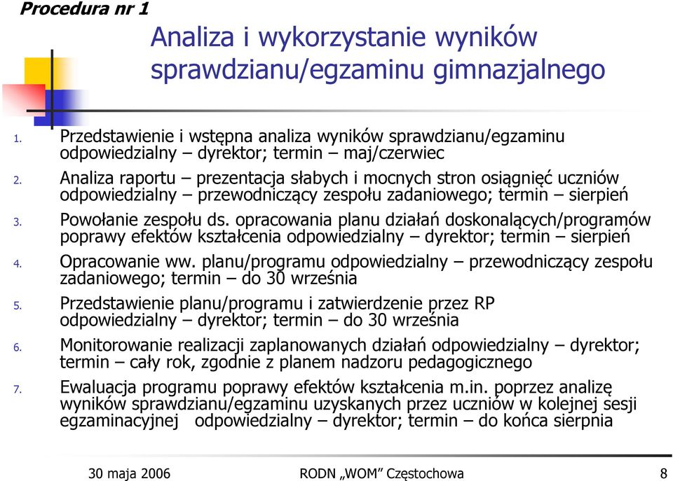 opracowania planu działań doskonalących/programów poprawy efektów kształcenia odpowiedzialny dyrektor; termin sierpień 4. Opracowanie ww.