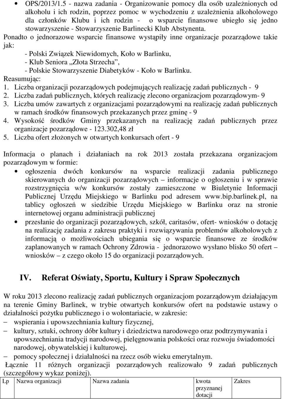 finansowe ubiegło się jedno stowarzyszenie - Stowarzyszenie Barlinecki Klub Abstynenta.