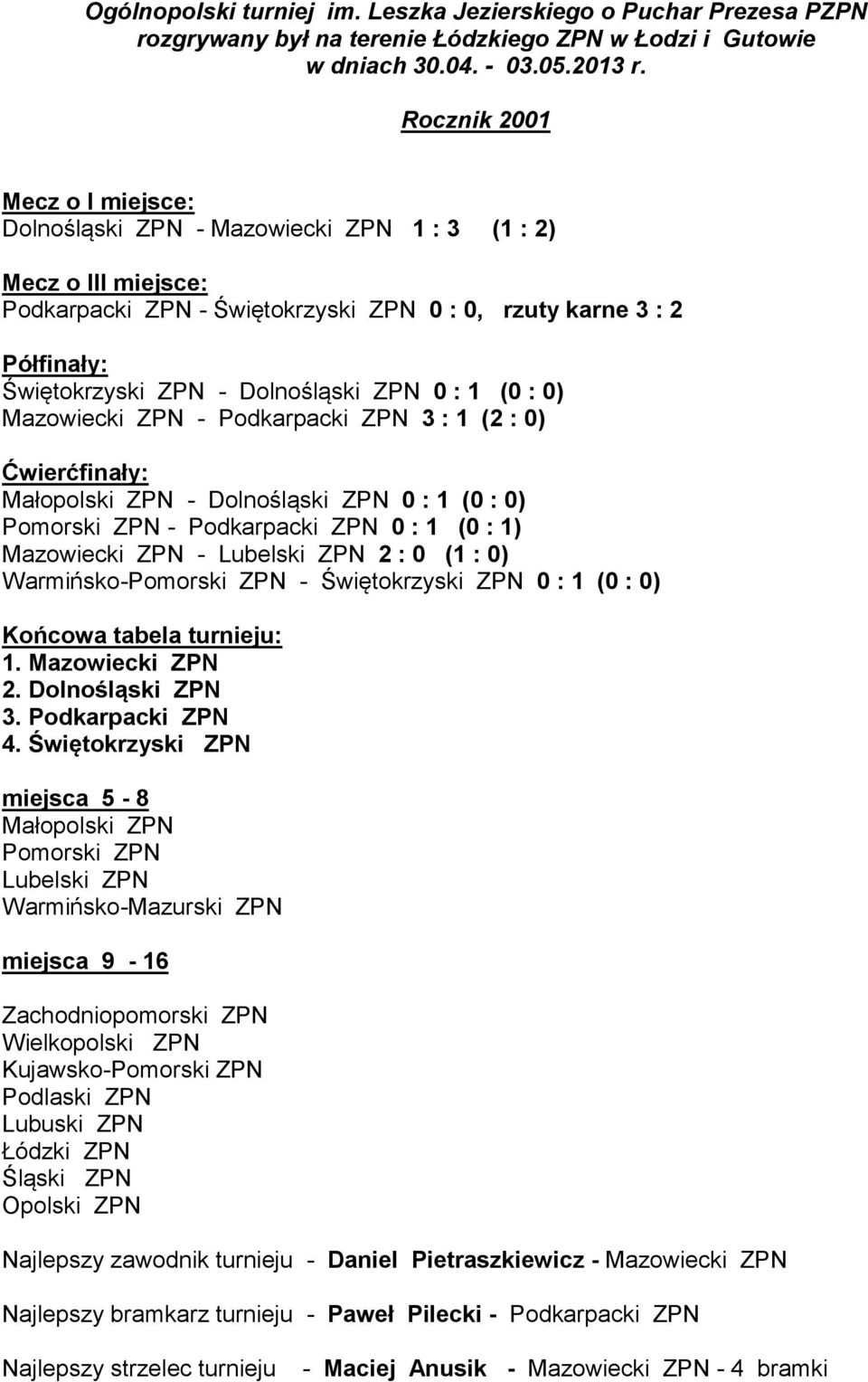 Podkarpacki ZPN 3 : 1 (2 : 0) Ćwierćfinały: Małopolski ZPN - Dolnośląski ZPN 0 : 1 (0 : 0) Pomorski ZPN - Podkarpacki ZPN 0 : 1 (0 : 1) Mazowiecki ZPN - Lubelski ZPN 2 : 0 (1 : 0) Warmińsko-Pomorski