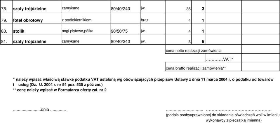 3 6 cena netto realizacji zamówienia VAT* cena brutto realizacji zamówienia** * należy wpisać właściwą stawkę podatku VAT ustaloną wg obowiązujących