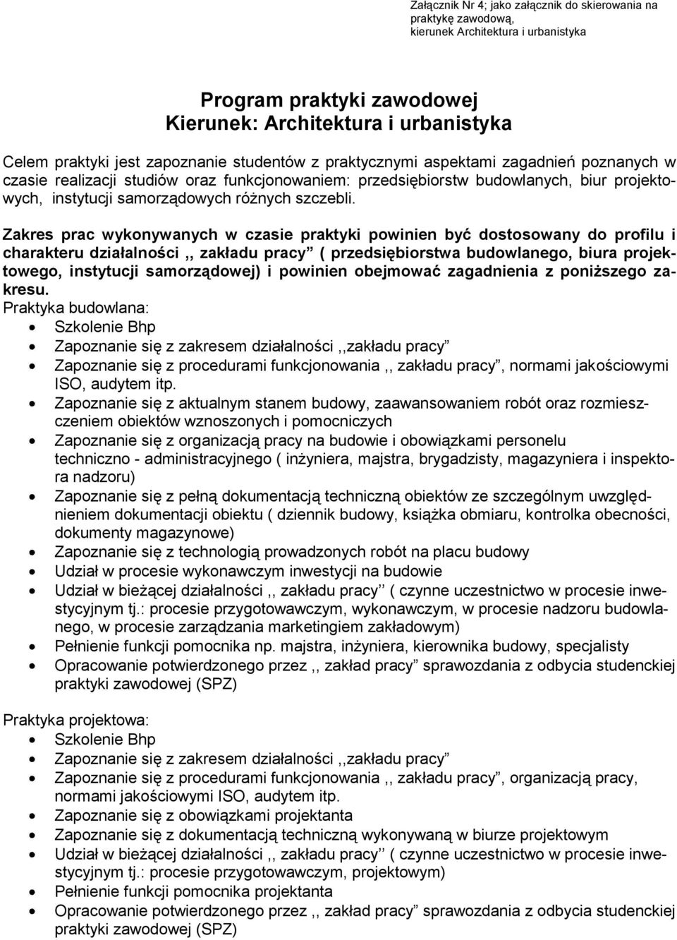 Zakres prac wykonywanych w czasie praktyki powinien być dostosowany do profilu i charakteru działalności,, zakładu pracy ( przedsiębiorstwa budowlanego, biura projektowego, instytucji samorządowej) i