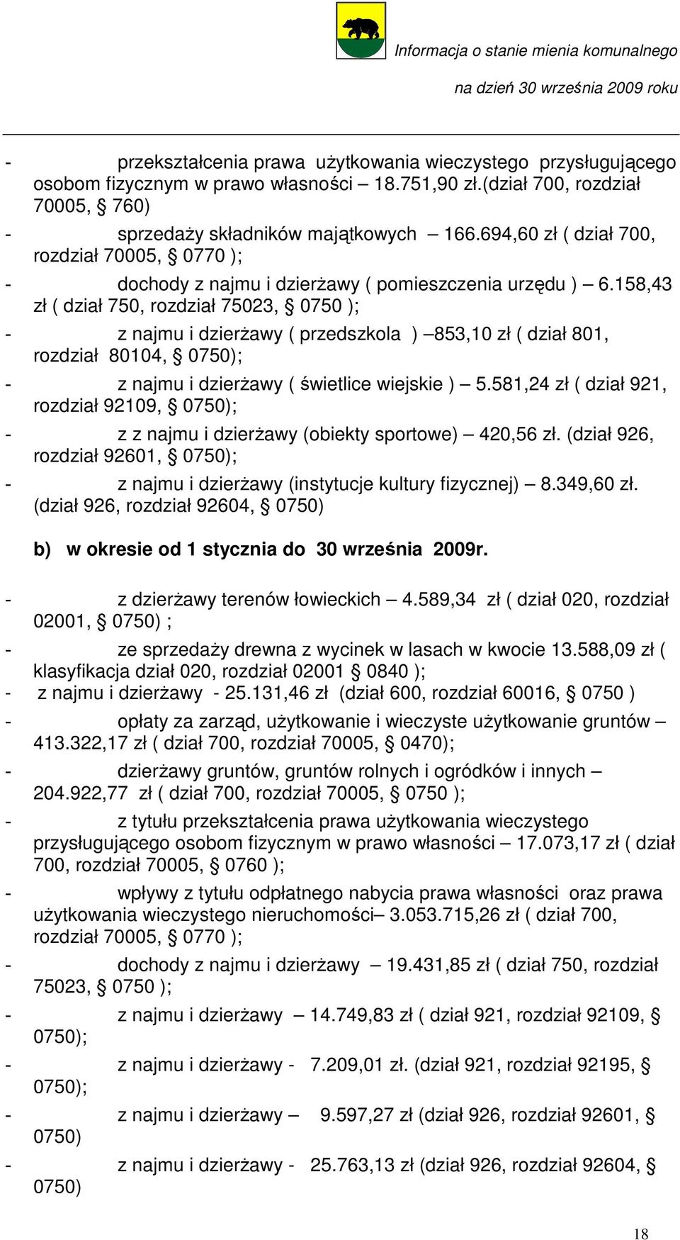 158,43 zł ( dział 750, rozdział 75023, 0750 ); - z najmu i dzierŝawy ( przedszkola ) 853,10 zł ( dział 801, rozdział 80104, 0750); - z najmu i dzierŝawy ( świetlice wiejskie ) 5.