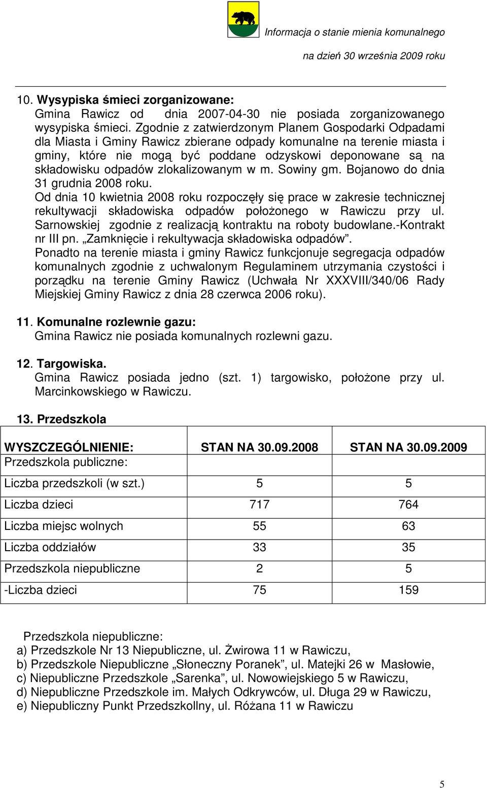odpadów zlokalizowanym w m. Sowiny gm. Bojanowo do dnia 31 grudnia 2008 roku.