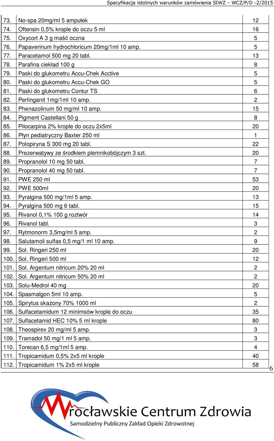 Phenazolinum 50 mg/ml 10 amp. 15 84. Pigment Castellani 50 g 8 85. Pilocarpina 2% krople do oczu 2x5ml 20 86. Płyn pediatryczny Baxter 250 ml 1 87. Polopiryna S 300 mg 20 tabl. 22 88.