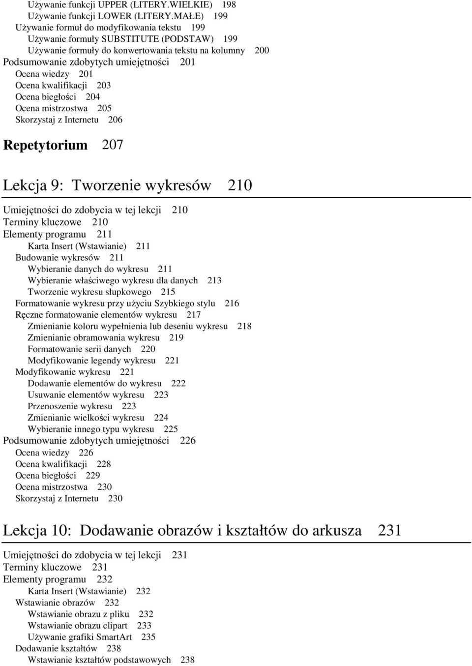 wiedzy 201 Ocena kwalifikacji 203 Ocena biegłości 204 Ocena mistrzostwa 205 Skorzystaj z Internetu 206 Repetytorium 207 Lekcja 9: Tworzenie wykresów 210 Umiejętności do zdobycia w tej lekcji 210