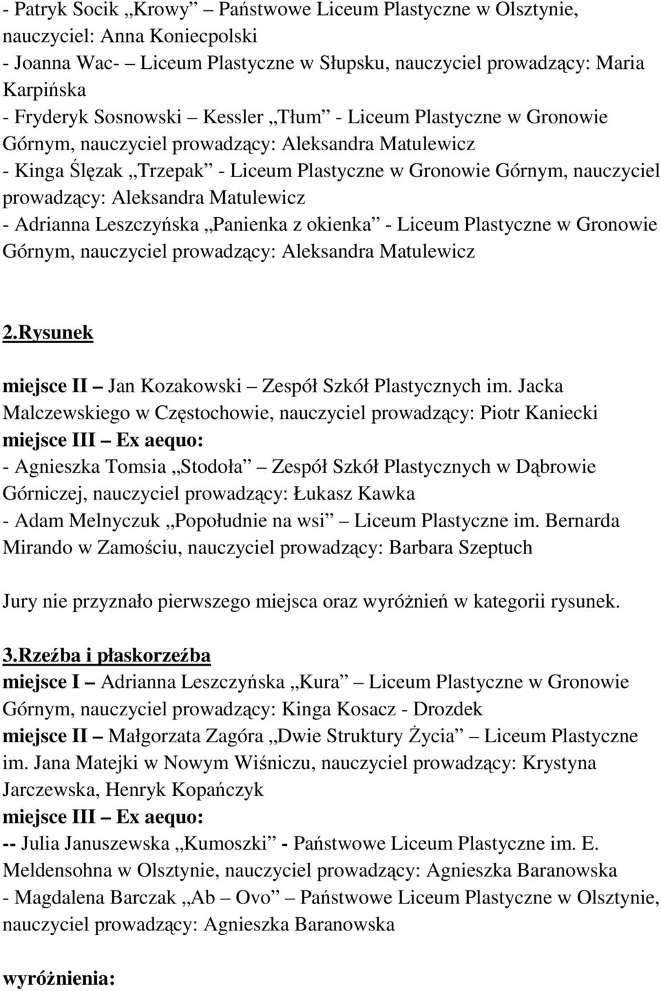 Liceum Plastyczne w Gronowie 2.Rysunek miejsce II Jan Kozakowski Zespół Szkół Plastycznych im.