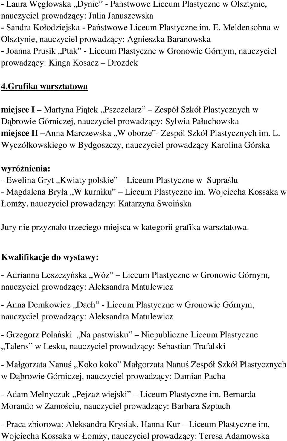 Grafika warsztatowa miejsce I Martyna Piątek Pszczelarz Zespół Szkół Plastycznych w Dąbrowie Górniczej, nauczyciel prowadzący: Sylwia Pałuchowska miejsce II Anna Marczewska W oborze - Zespól Szkół