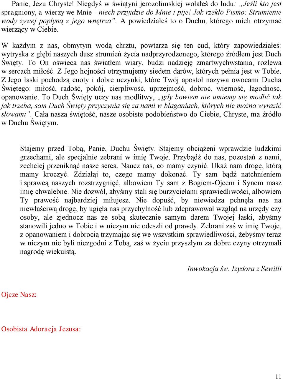 W każdym z nas, obmytym wodą chrztu, powtarza się ten cud, który zapowiedziałeś: wytryska z głębi naszych dusz strumień życia nadprzyrodzonego, którego źródłem jest Duch Święty.